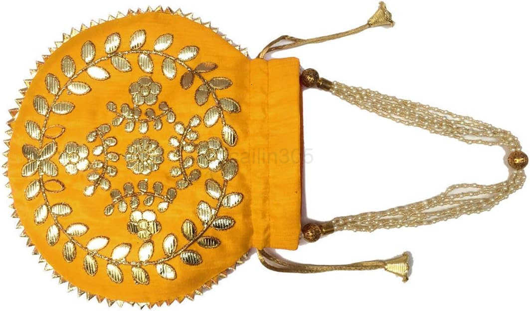 Bag For Women Indian Ethnic Designer Embroidered Silk Batwa Pearls Handle Purse Clutch Purse for Drawstring HL cm 23 24 Yellow Z25909