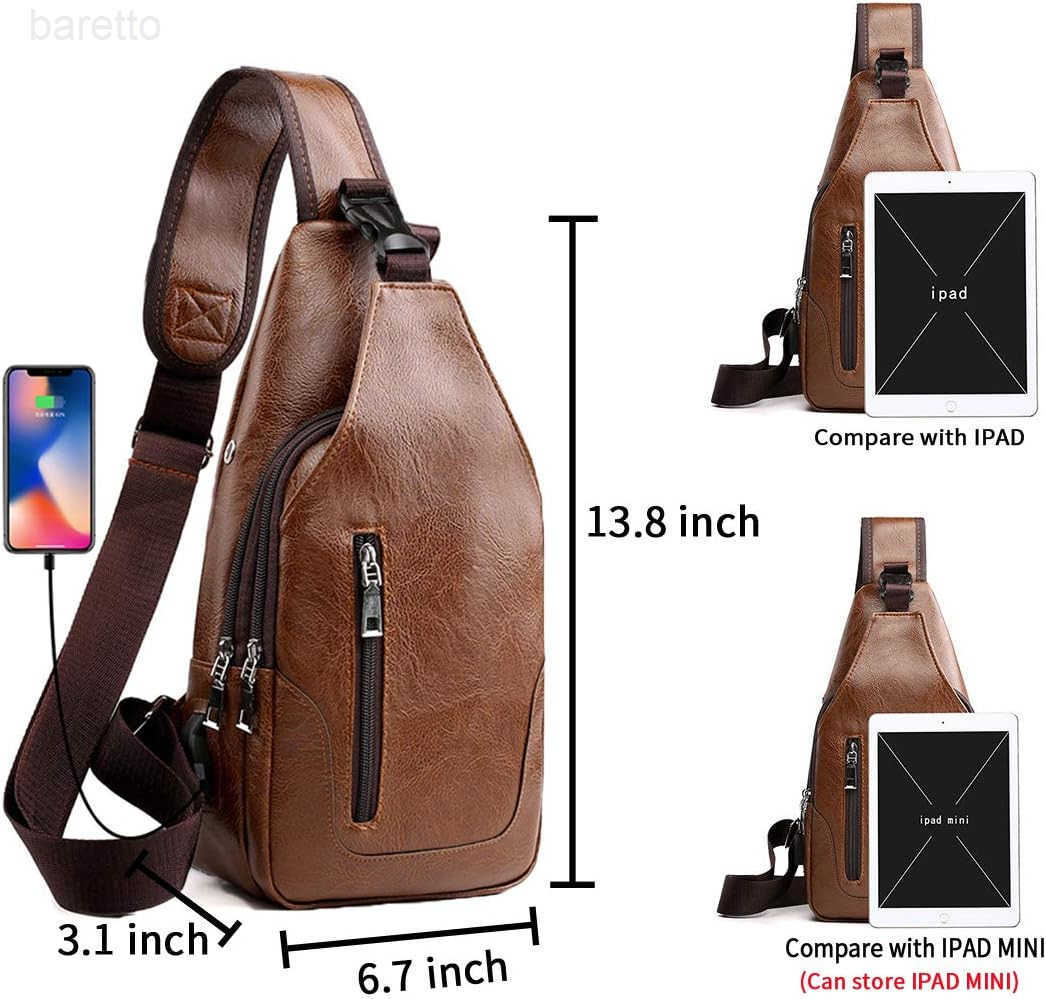Rop Men Sling Bag Anti Theft Shoulder Bag Small Leather Crossbody Sling Backpack with USB Charge Port Brown Z250909