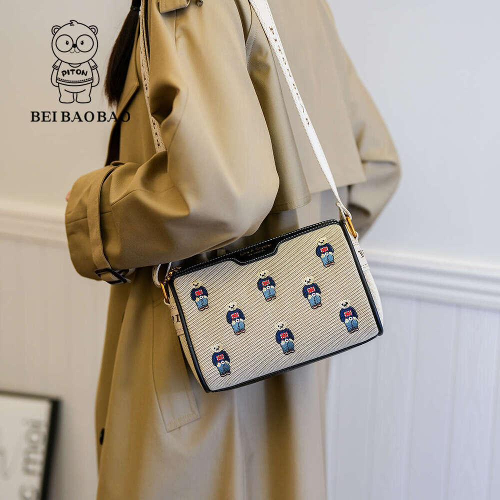 Color-Block Beibao Canvas Embroidery Wide Strap For Women 2024 Casual Cartoon Single Shoulder Crossbody Bag