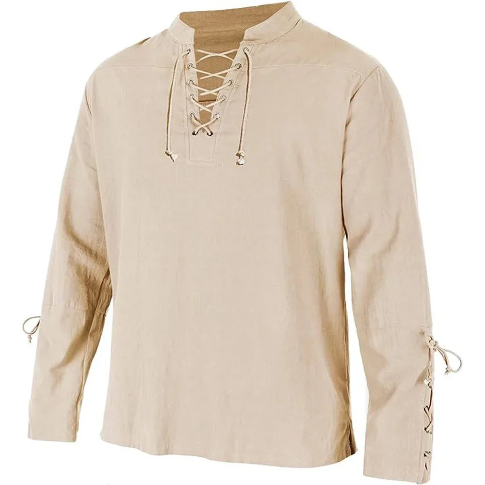 Mens Long Sleeve Shirts Lace Up Vneck Cuff Medieval Pirate Dress Up Streetwear Halloween Gothic Punk Style Mens Clothing 250909