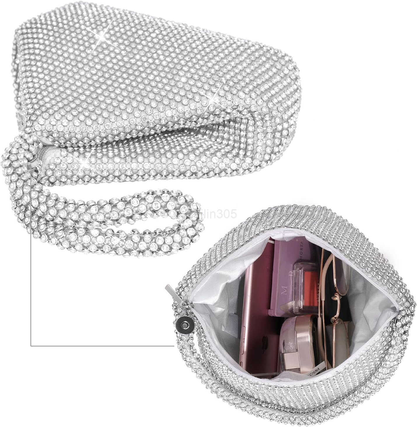 Evening Bag Upgraded Larger Size Full Rhinestones Bling Wrist Clutch Purse for Party Wedding Date Night Z25909