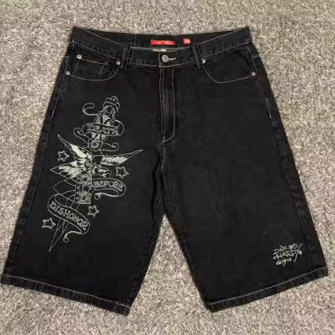 Retro slanted side pocket mens denim shorts InsY2k fashionable loose street and womens hiphop basketball pants 240808