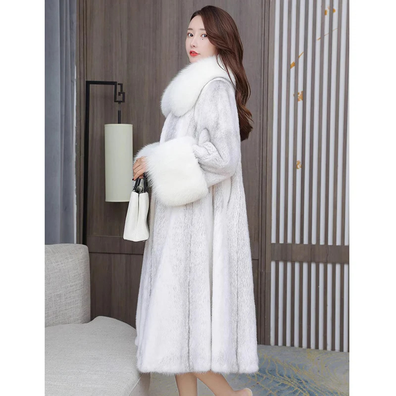 Womens mink coat Long fur coat casual winter warm fox fur large fur collar 250908