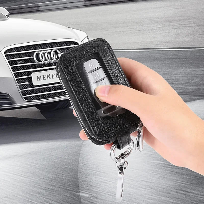 Doublelayer Zipper Car Key Bag Lychee Pattern Top Layer Cowhide Key Bag Genuine Leather Key Chain Large Capacity Unisex KeysBag 250909