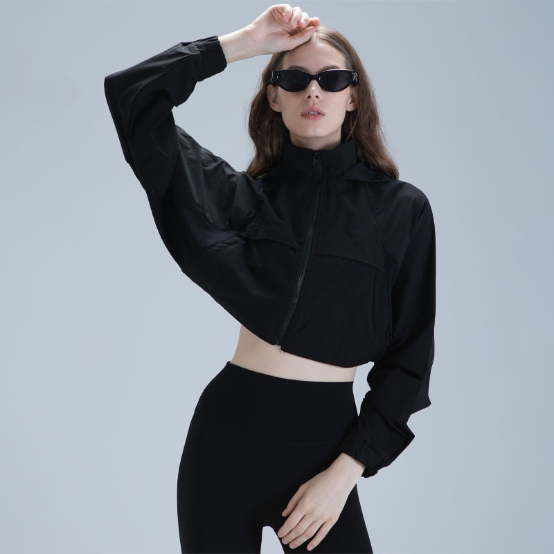 Zipper Short Style Outdoor Running Sports Slimming Fiess Jacket With Hat Quick Drying Sports Top Yoga Clothes