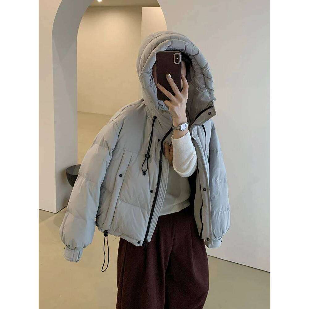 Winter Short Hooded Drawstring Women White Duck Loose Parker Down Jacket Female Solid Zipper Warm Bread Outwear