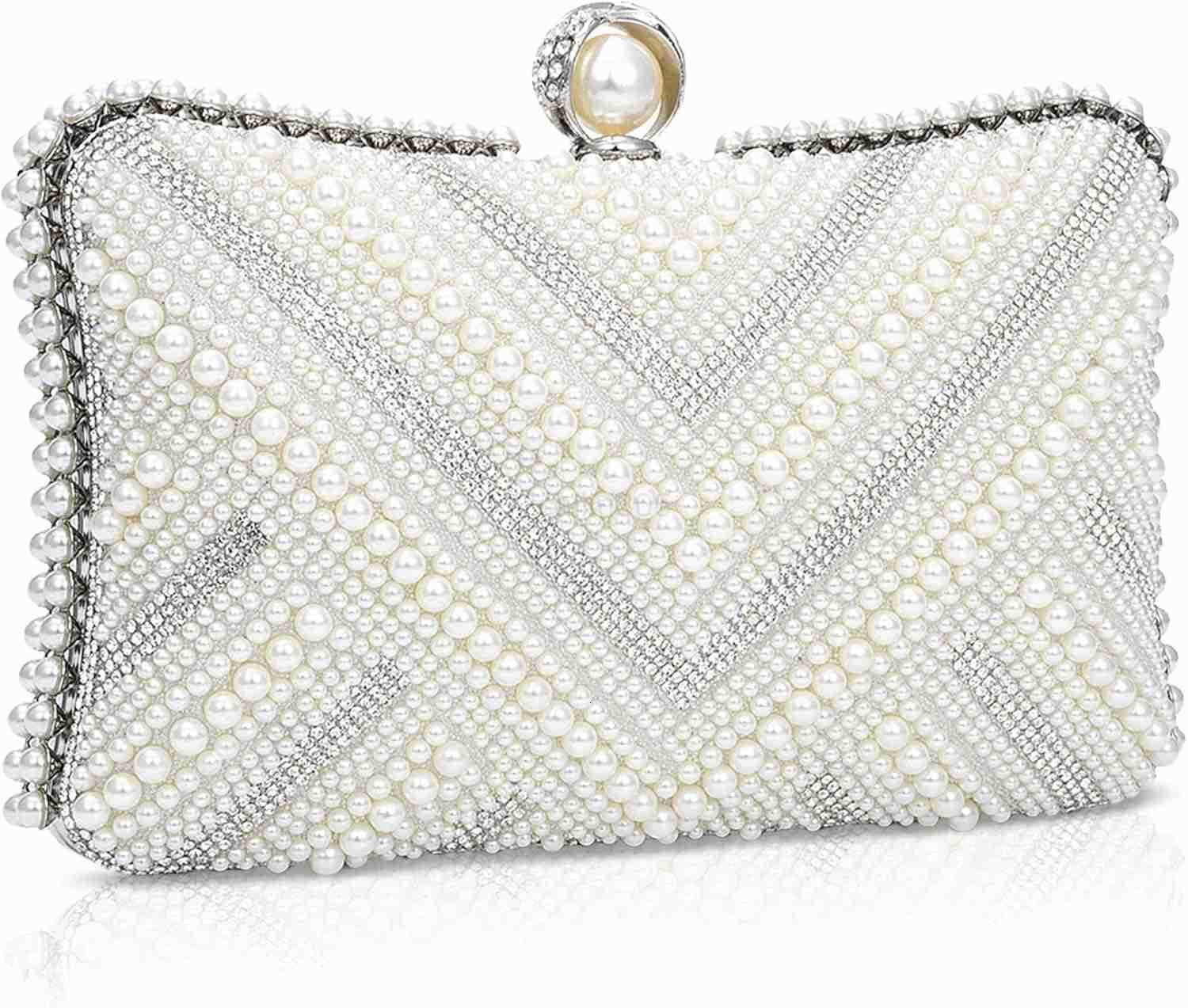 Pearl Clutch Purse Womens Evening Handbags Luxury Beaded Bride Purse with Chain for Wedding Prom Cocktail Party Z25909
