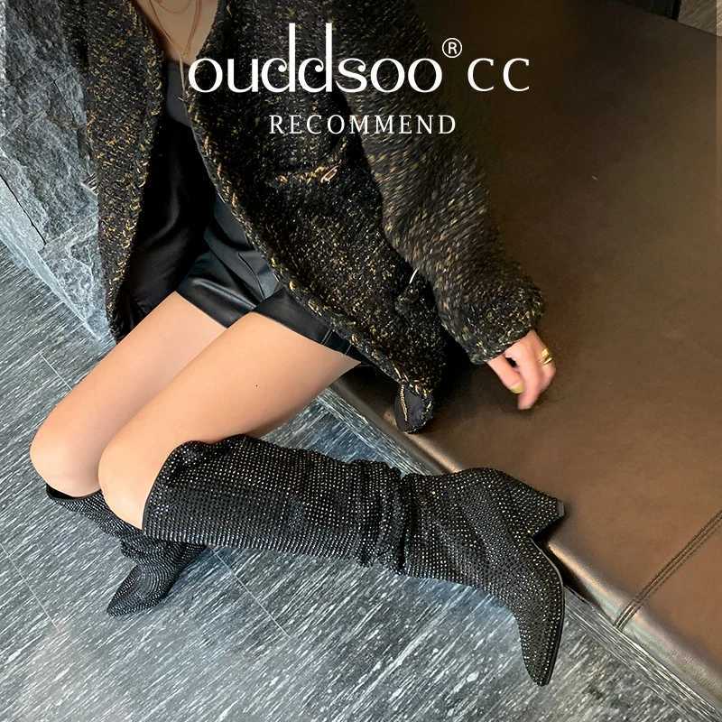 Ods Sexy Bling Silver Crystal Knee High Chunky Womens Designer Stacked Cowboy Boots Rhinestone Glitter Shoes 41jc43 Z250909
