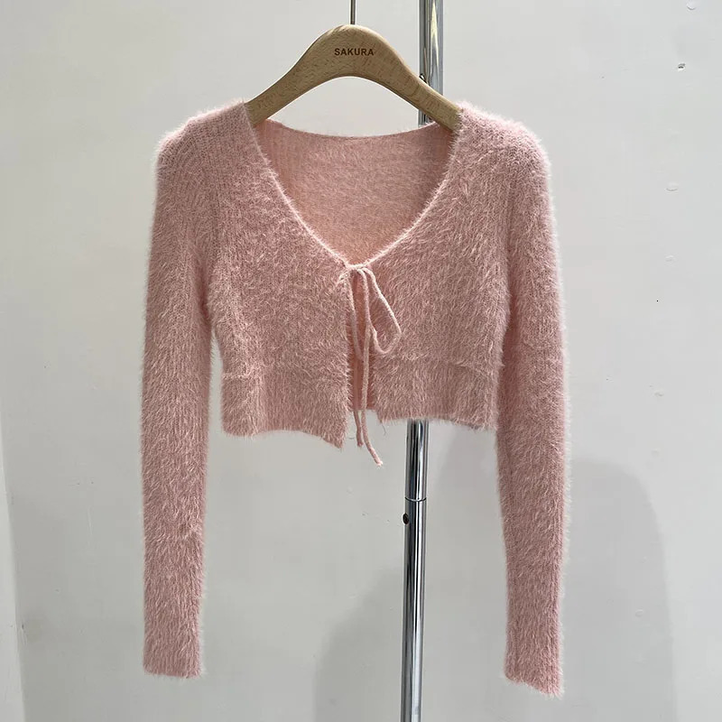 2026 Autumn Women Vneck Long Sleeve Knitted Sweaters Bow Lace Up Solid Color Slim Short Casual Cardigans Tops 250911