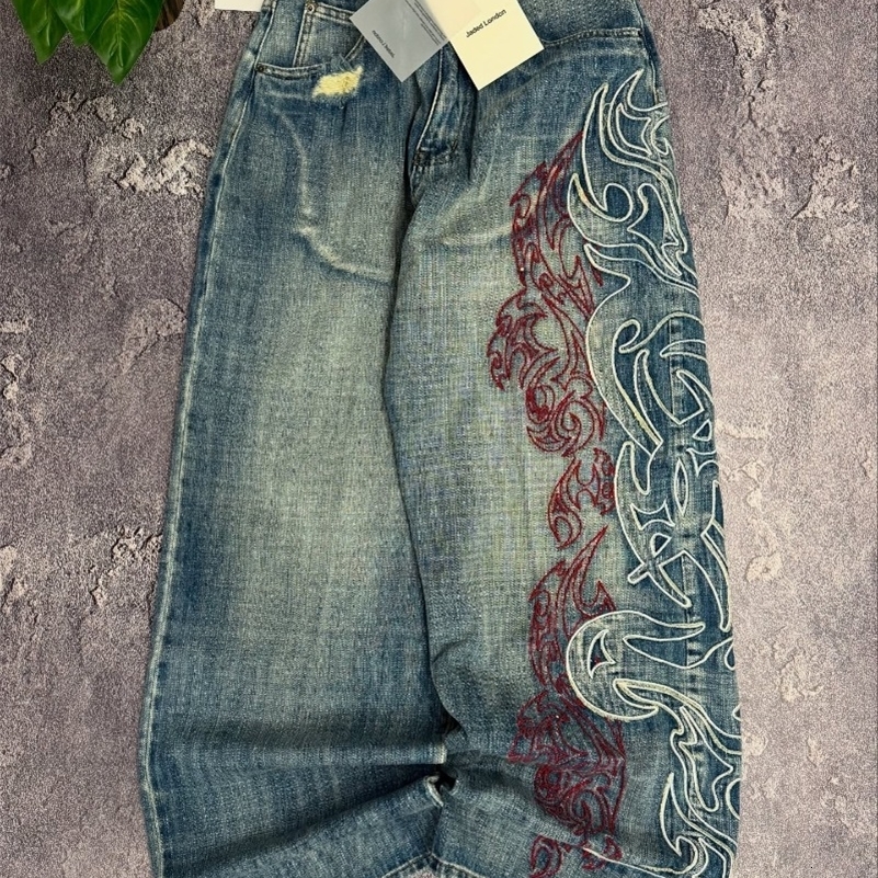 Streetwear Fashion Big Pattern Embroidered Baggy Jeans Women Y2K Rock Hip Hop Retro Casual High Waist Wide Leg Pants y250908
