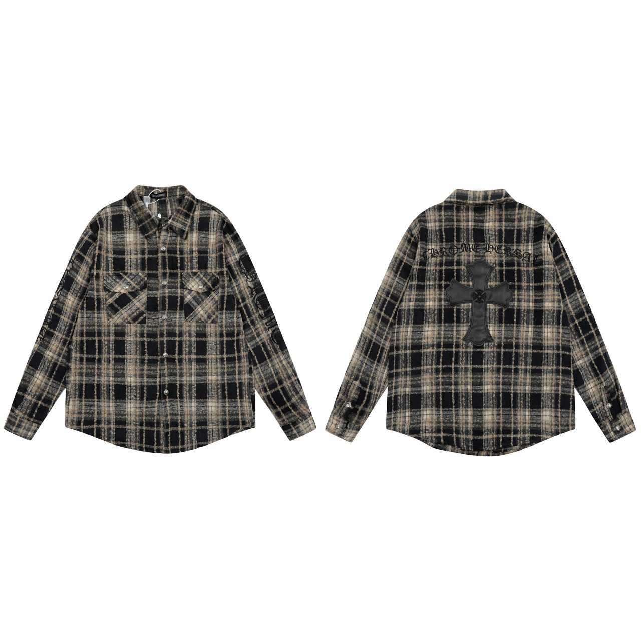 2025 New Heavy Embroidery Leather Badge Chest Pocket Woolen Plaid Shirt Unisex H250909