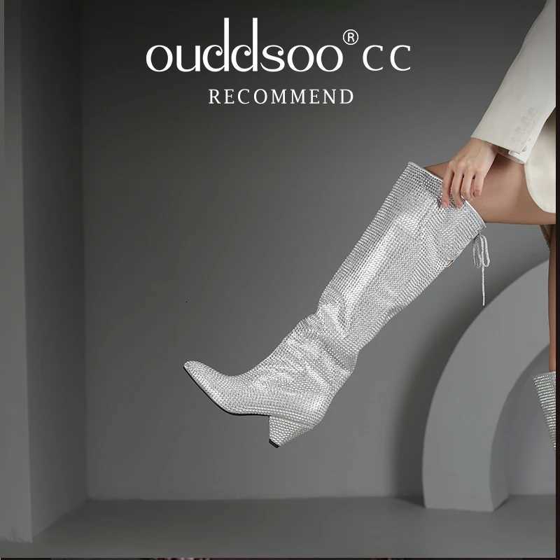 Ods Sexy Bling Silver Crystal Knee High Chunky Womens Designer Stacked Cowboy Boots Rhinestone Glitter Shoes 41jc43 Z250909