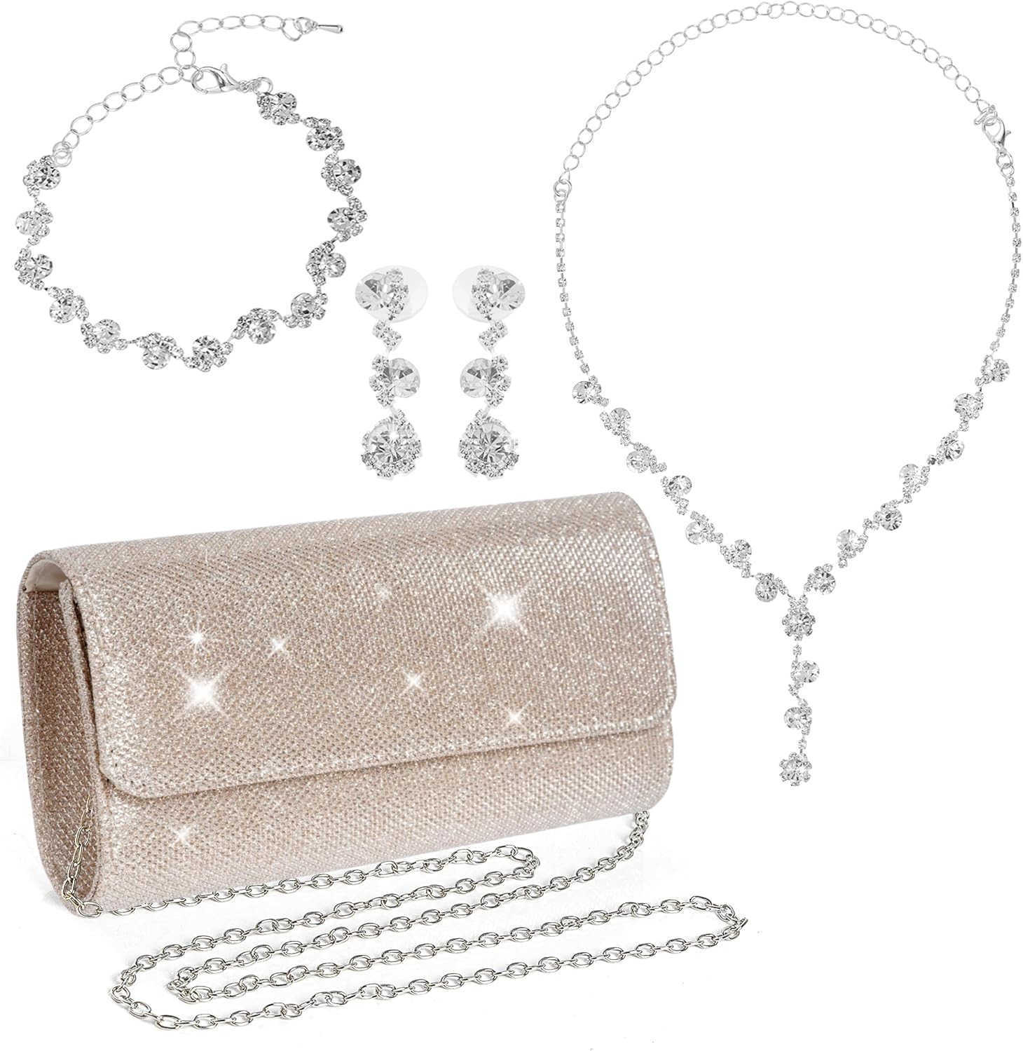 4 Pieces Women Evening Rhinestone Jewelry Set Bling Glitter Clutch Purse Necklace Earrings Bracelets for Women Bride Wedding Evening Party Z25909