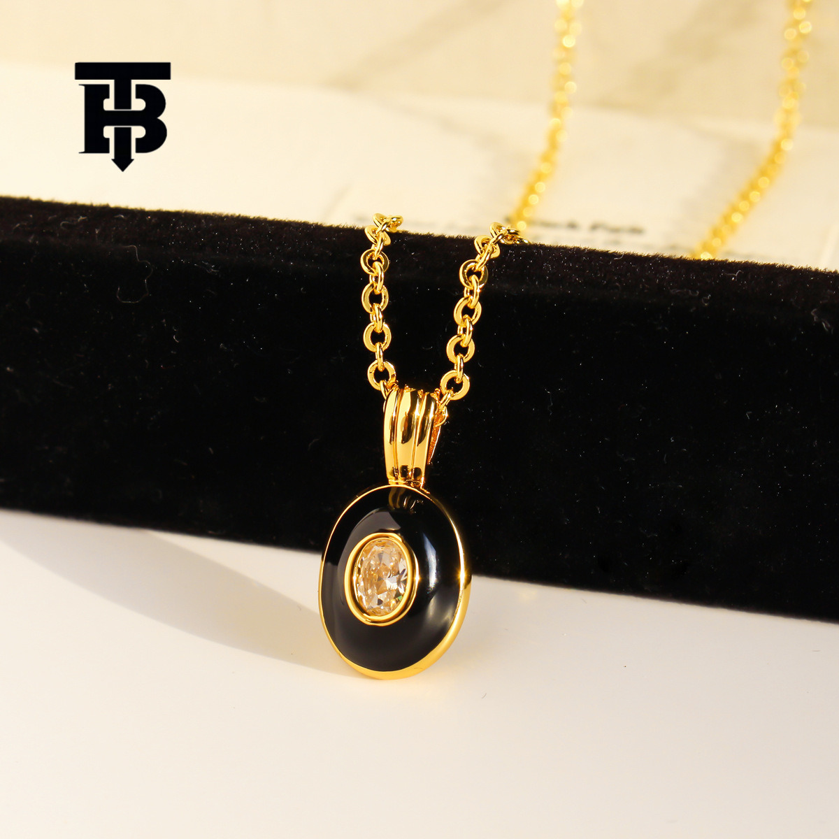 TB BHULAMTE Free Shipping New Designer Accessories Black Gold Enamel Oval Pendant Necklace Fashion Inlaid Zircon Layered Sweater Chain