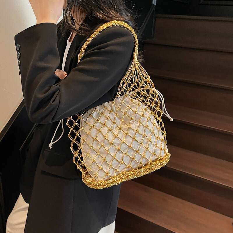 Shiny Korean INS Gold And Silver Thread Holiday Hollow Crochet Woven Personality Beach Handheld Basket Bag For Women