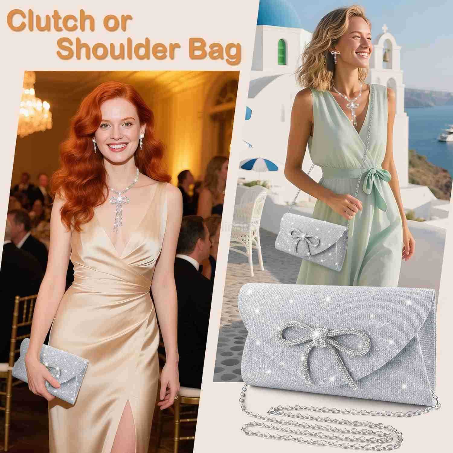 Bow Evening Bag Sparkly Clutch Purses for Women Glitter Dressy Clutch Bags for Wedding Party Prom Z25909
