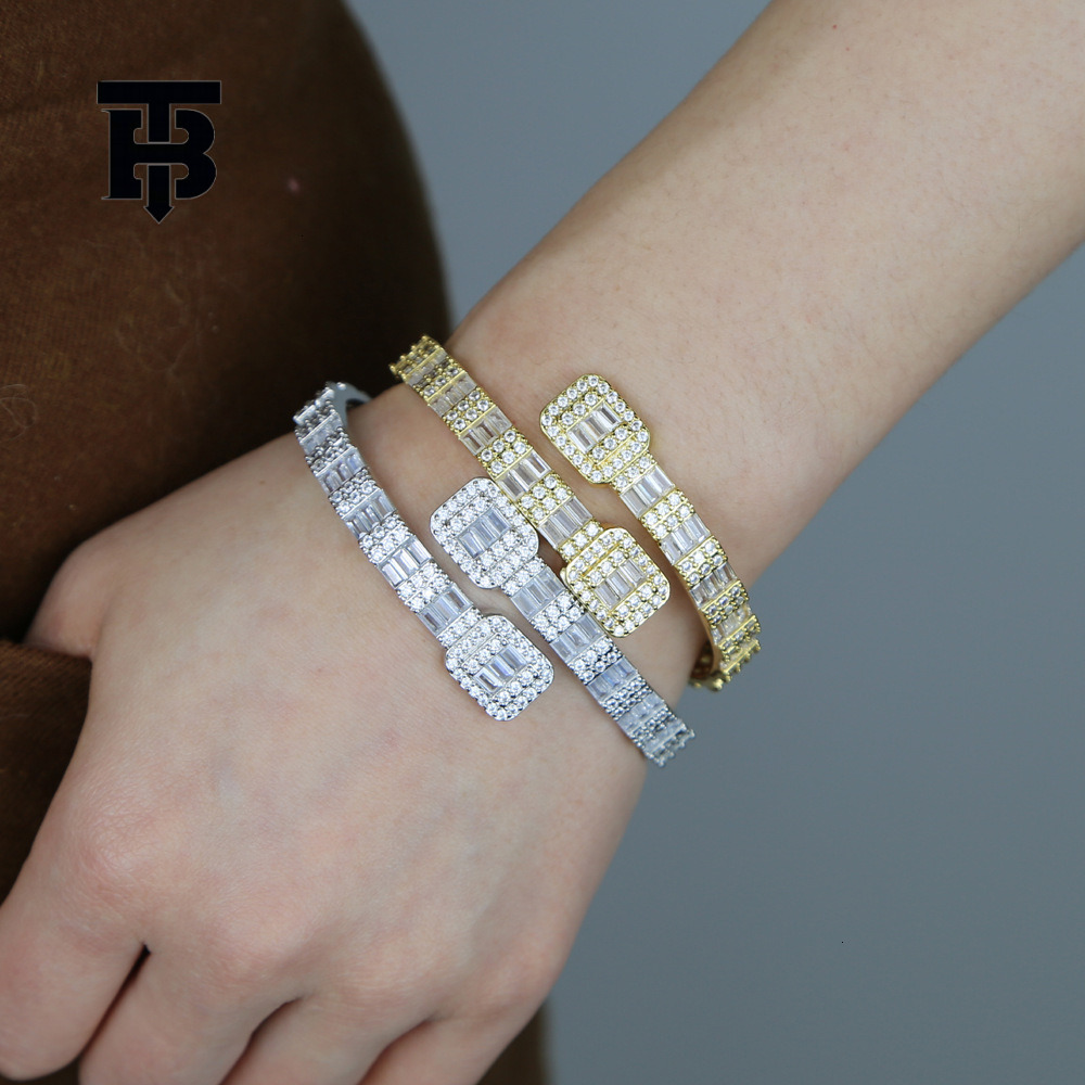 TB BHULAMTE Free Shipping New Designer New Hip Hop Bracelet Open Set Square Zircon Full Diamond Punk Style Bracelet Gold Silver