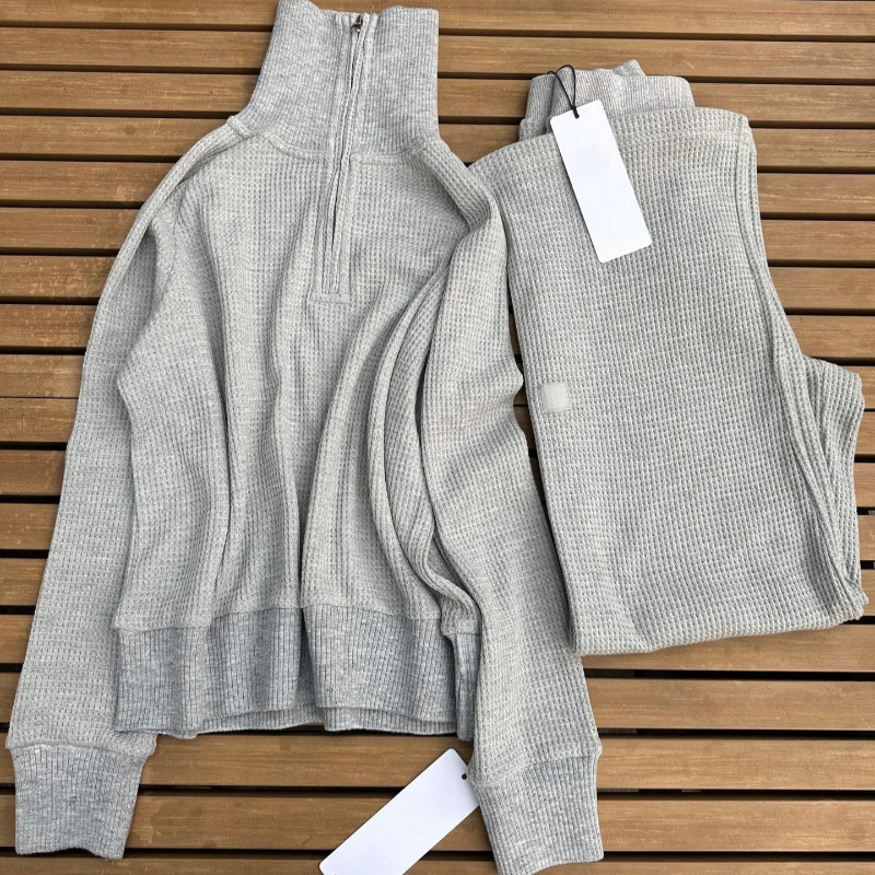 Designer Yoga Set Womens Soft Waffle Sweatshirts 1/4 Zip High-Neck Pullover+Straight-Leg Pants Weekend Escape Turtleneck Loose Lounge-to-street Lazy Suit