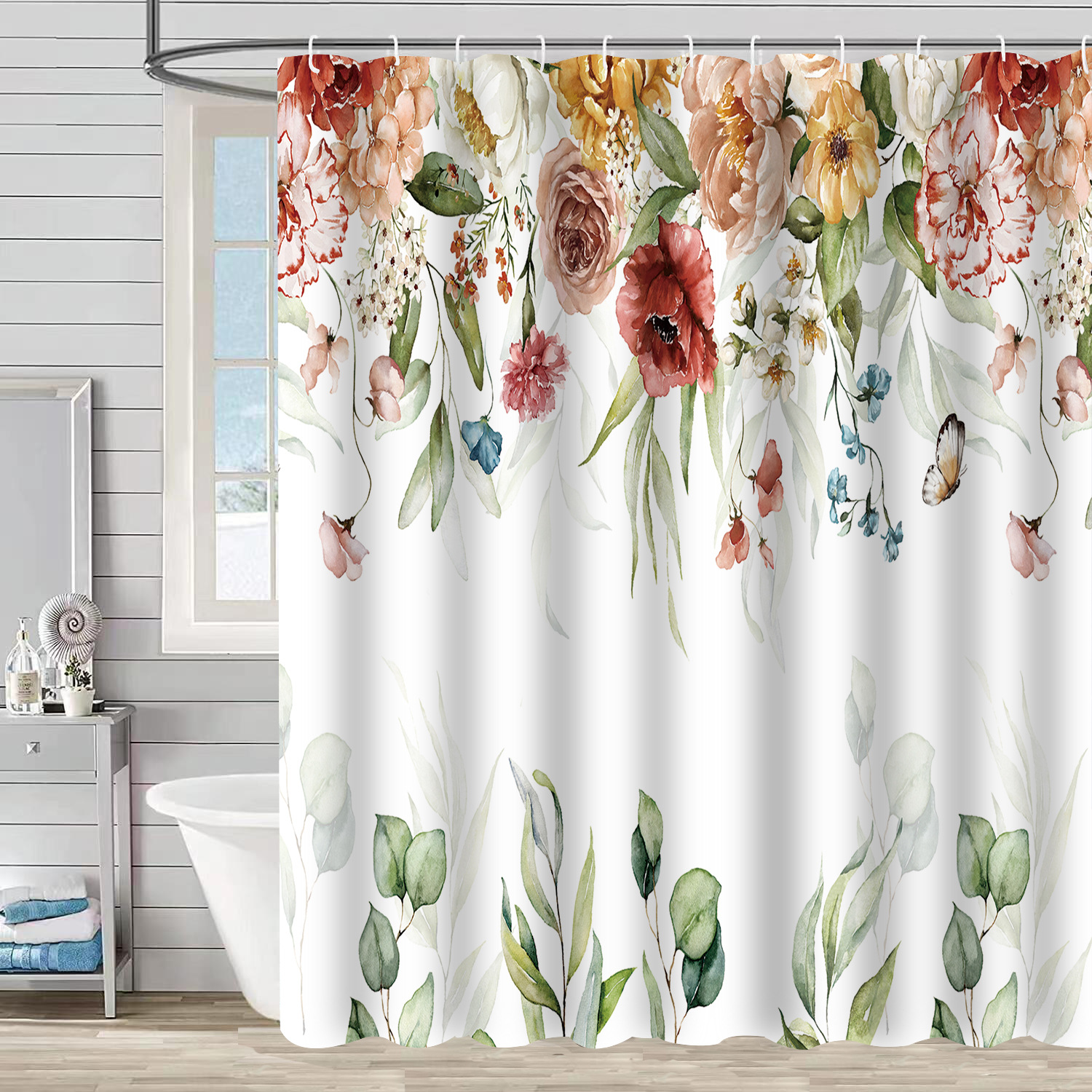 YL-37135 digital shower curtain cross-border plant flower waterproof polyester bathroom four-piece set dry and wet separation moisture-proof