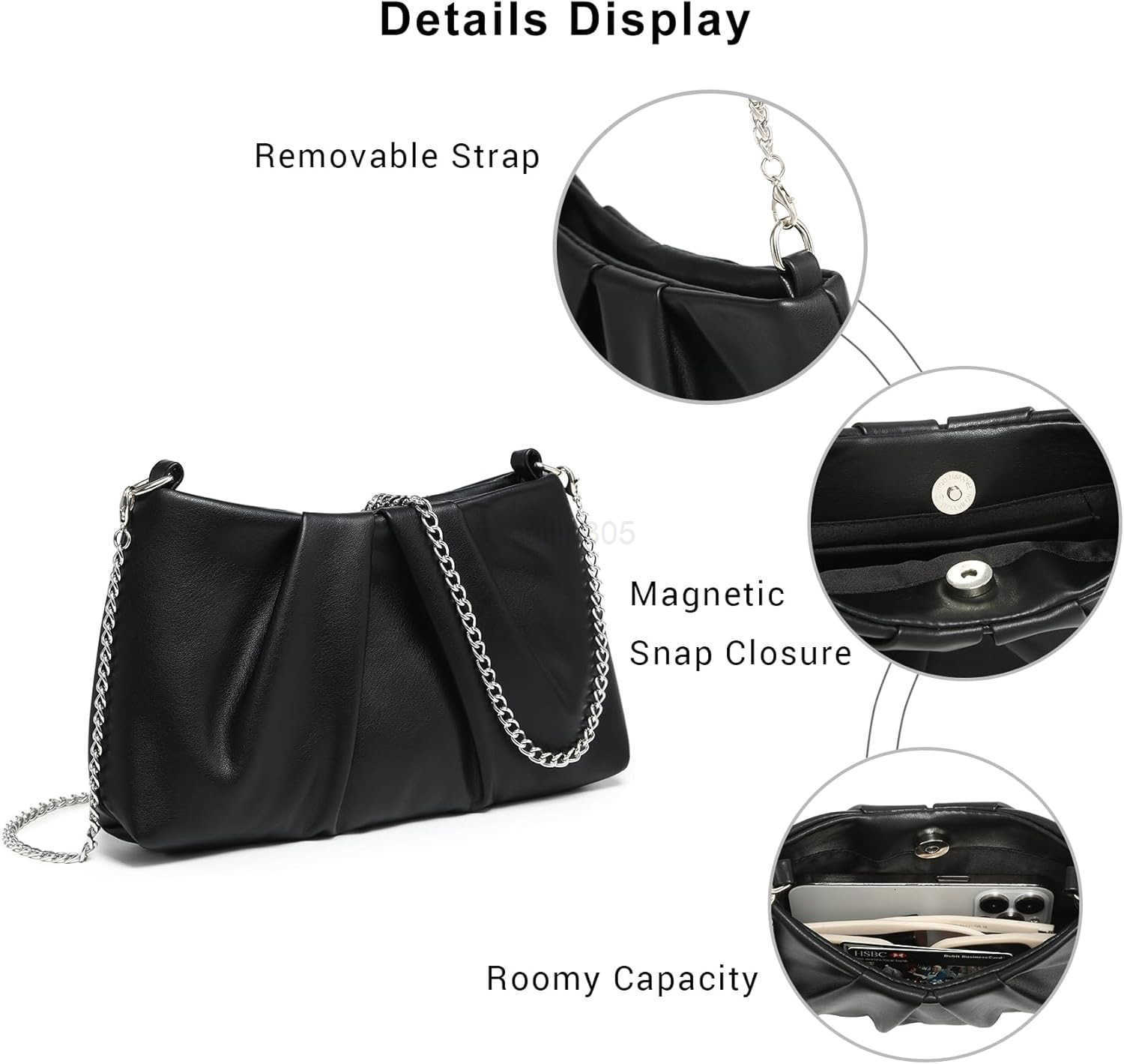 Elegant Pleated Evening Bag Soft Vegan Leather Clutch Purse Dressy Formal Handbag with 2 Chain Straps for Women Z25909
