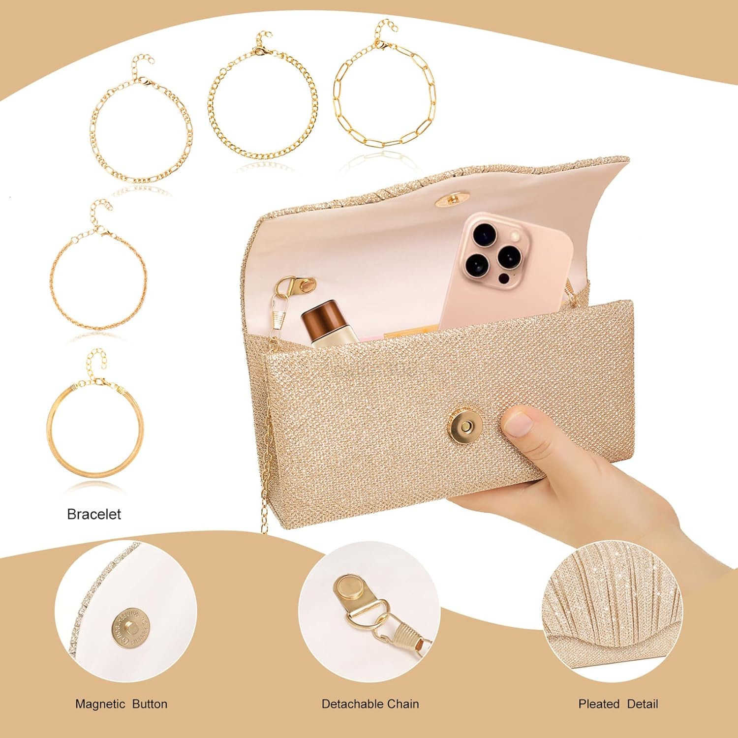 Clutch Purses for Women Evening Elegant Handbag with 5 Bracelets Clutch or Crossbody Style for Wedding and Prom Z25909