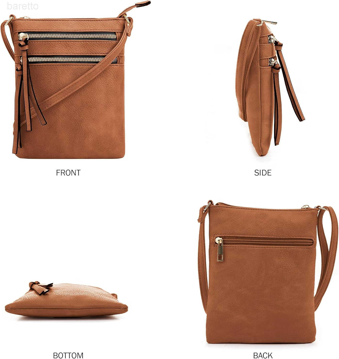 Crossbody Purse Bag Functional Multi Pocket Double Zipper Purse Adjustable Strap Medium Size Purse Cognac Z250909