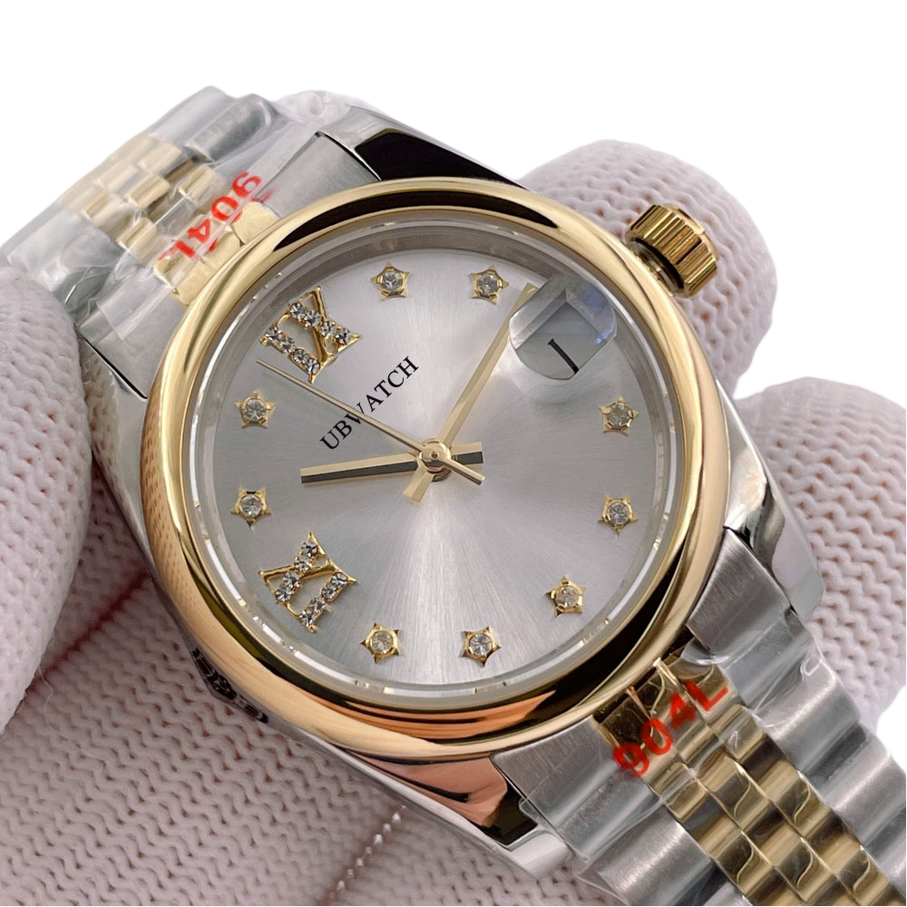 ST9 Automatic Sapphire Glass Two Tone Yellow Gold 31MM Womens Wristwatches Wear Resistant Star Diamond Roman Numerals Ladies Watch