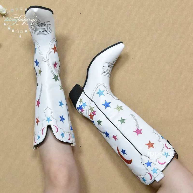 Bestseller White Boots Star Western Knee High Shoes For Women Plus Size 43 Cowgirl Vintage Embroider Botte Cowboy Femme ddmybagsvip