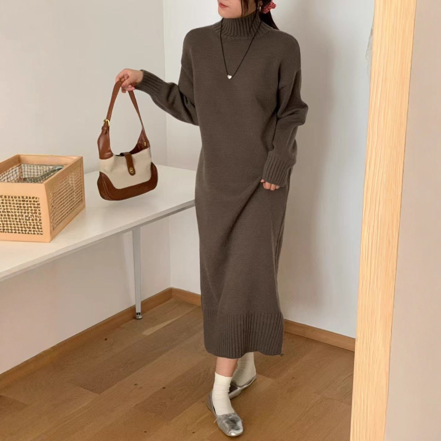 K93New half-high collar side slit loose lazy style long sleeve thick solid color knitted long skirt for women