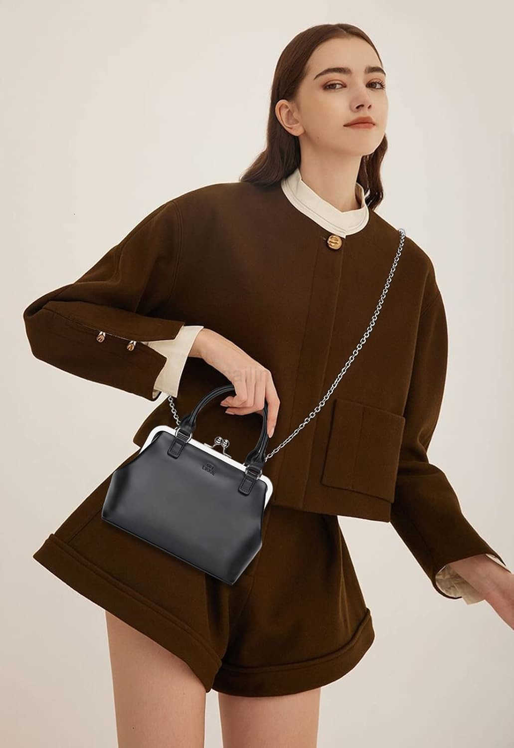 Kiss Lock Purses and Handbags Vintage PU Leather CluTCh Purses for Women Top Handle Evening Handbag Z25909