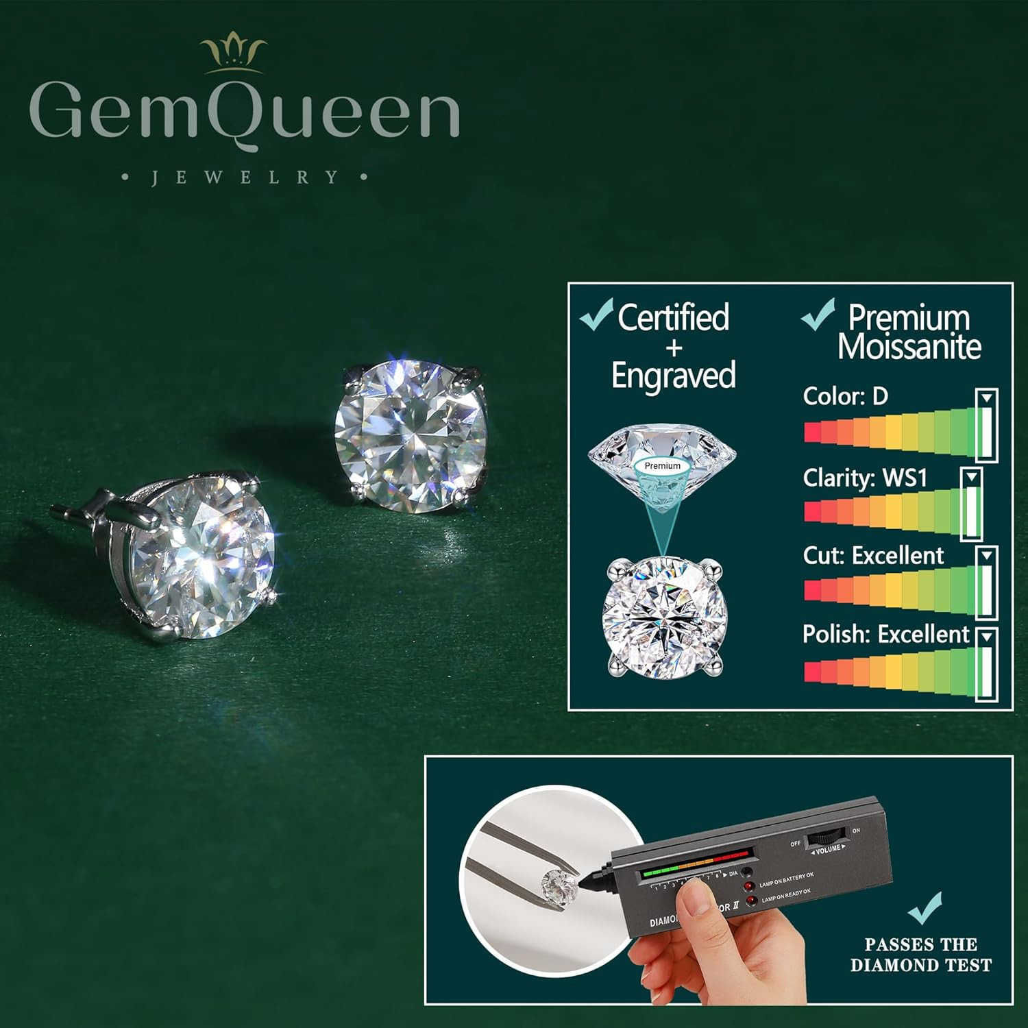 Stud Earrings 18K White Gold Plated Solid 925 Sterling Silver Earring Hypoallergenic Dainty Flat Back Stud Earrings Jewelry for Women Men D Color VVS1