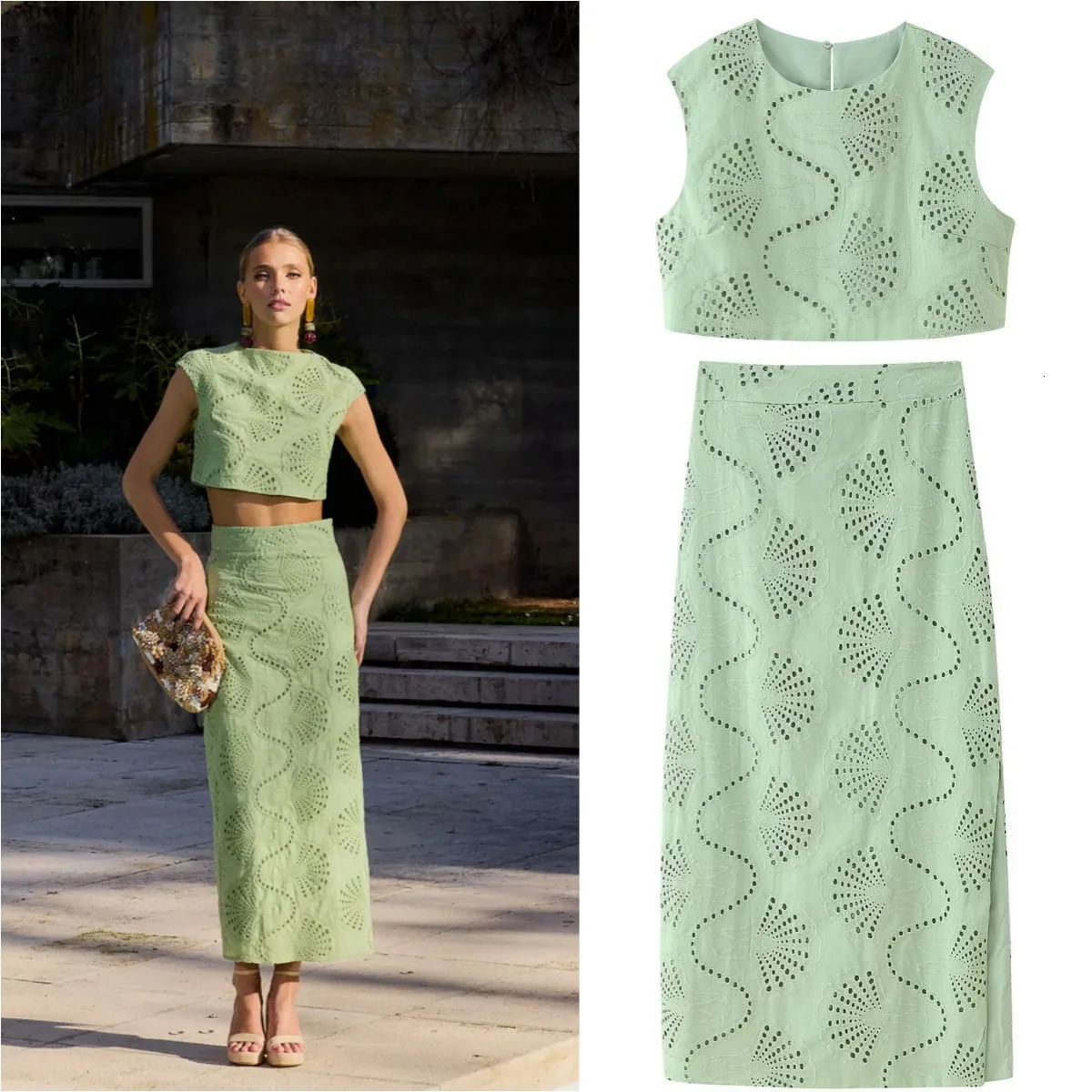 ETJ womens elegant and gentle hollow y round neck jacket high waist slit skirt fashion casual suit 250909