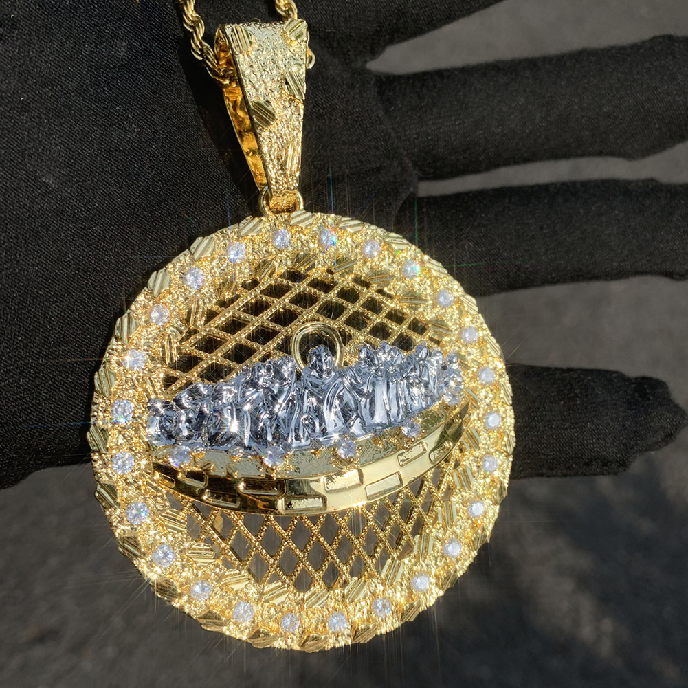 Hip Hop Jesus Pendant Necklace 5A Zircon 18k Gold Plated Disc Religious Jewelry