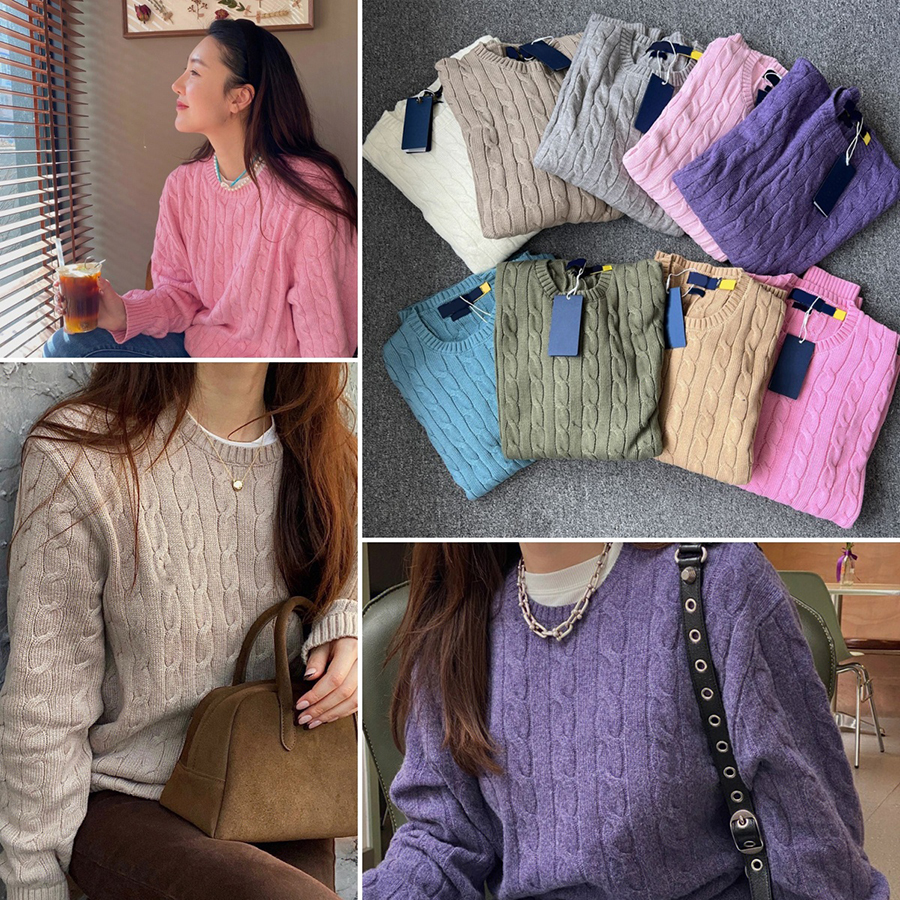 Sweater Designer Women's Wear Cotton Yarn Pony Embroidery Classic Cable Knit Round Neck Long Sleeve Knit Top Sizes S-L