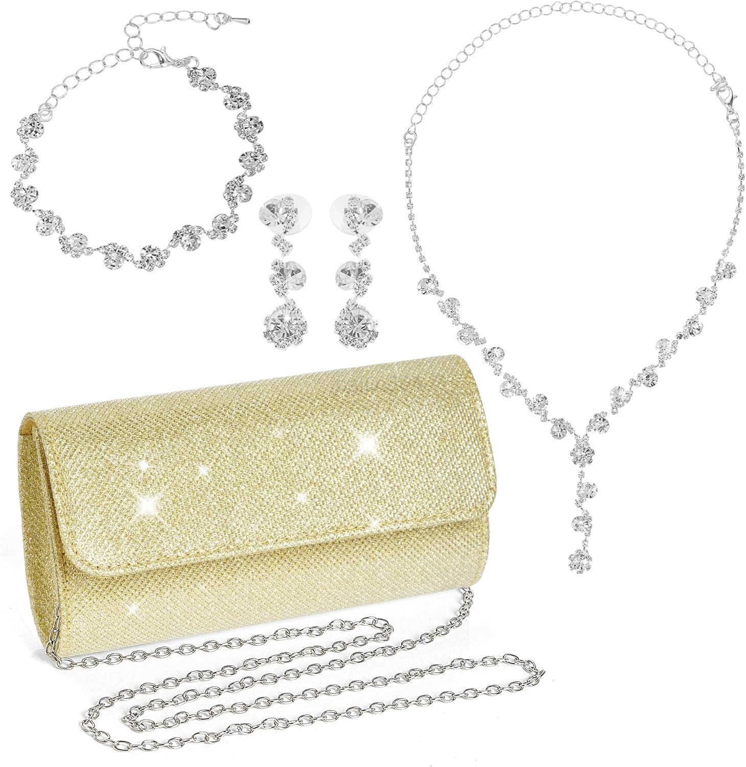4 Pieces Women Evening Rhinestone Jewelry Set Bling Glitter Clutch Purse Necklace Earrings Bracelets for Women Bride Wedding Evening Party Z25909