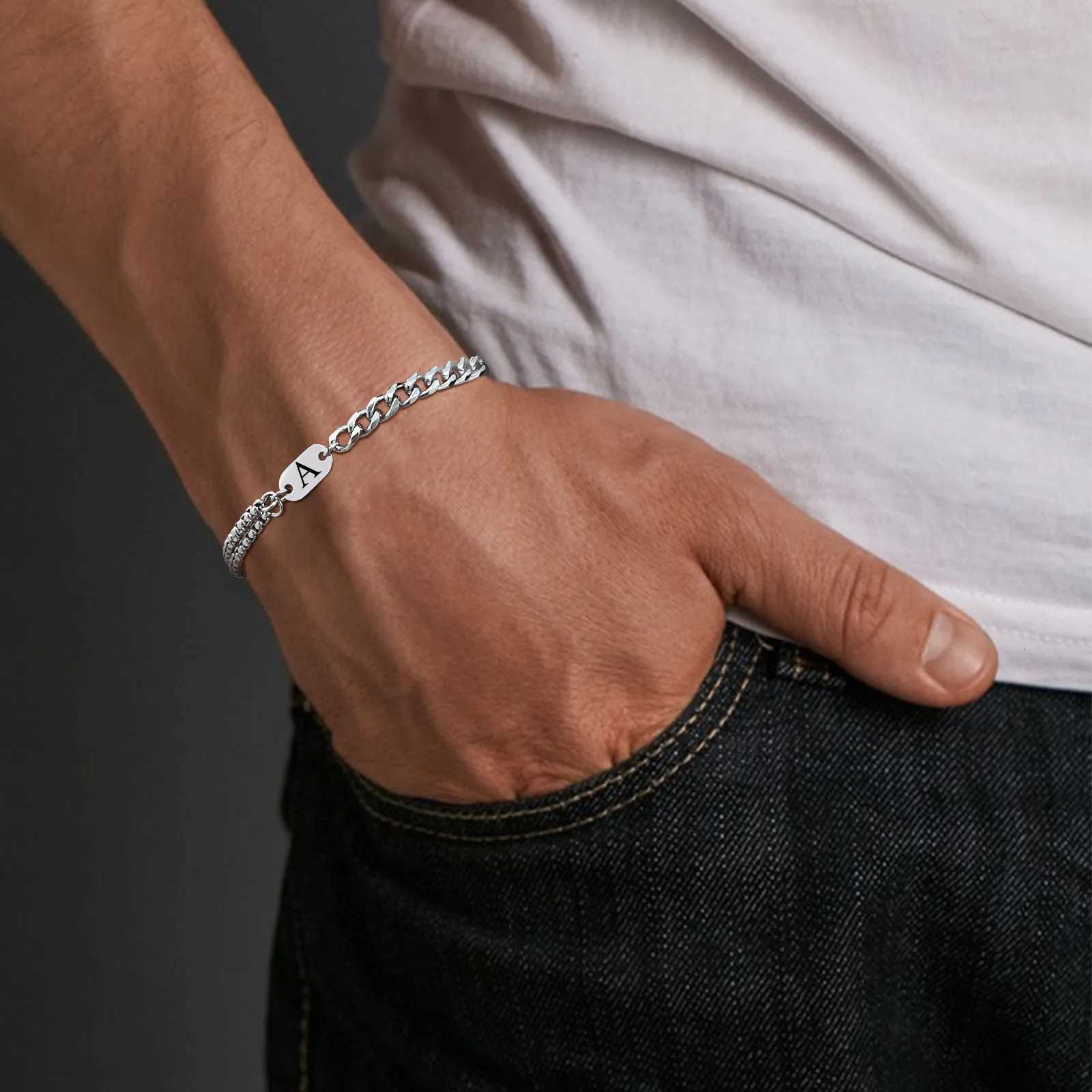 Vnox Simple Mens Stainless Steel Box Chain Bracelets Cuban Links Bracelets AZ Letters Bracelets Name Gift JewelryXJ250909