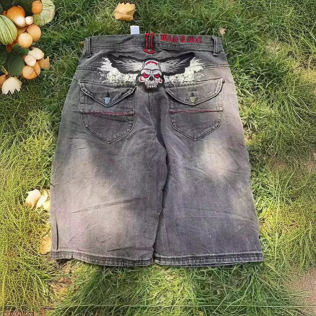 Retro slanted side pocket mens denim shorts InsY2k fashionable loose street and womens hiphop basketball pants 240808