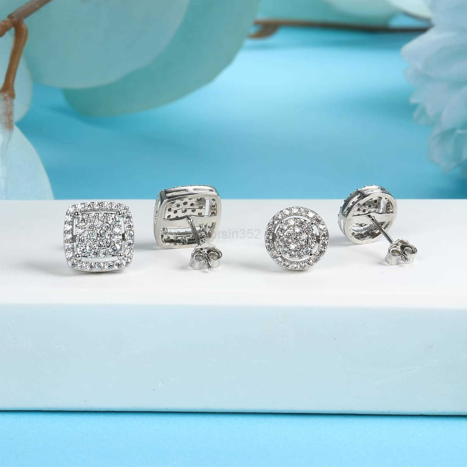 Earrings for Men Sterling Silver Mens Earrings BlackSilver14K Gold Earrings for Men Iced Out Earrings Halo Square Earrings Mens Stud Earrings SetW2509