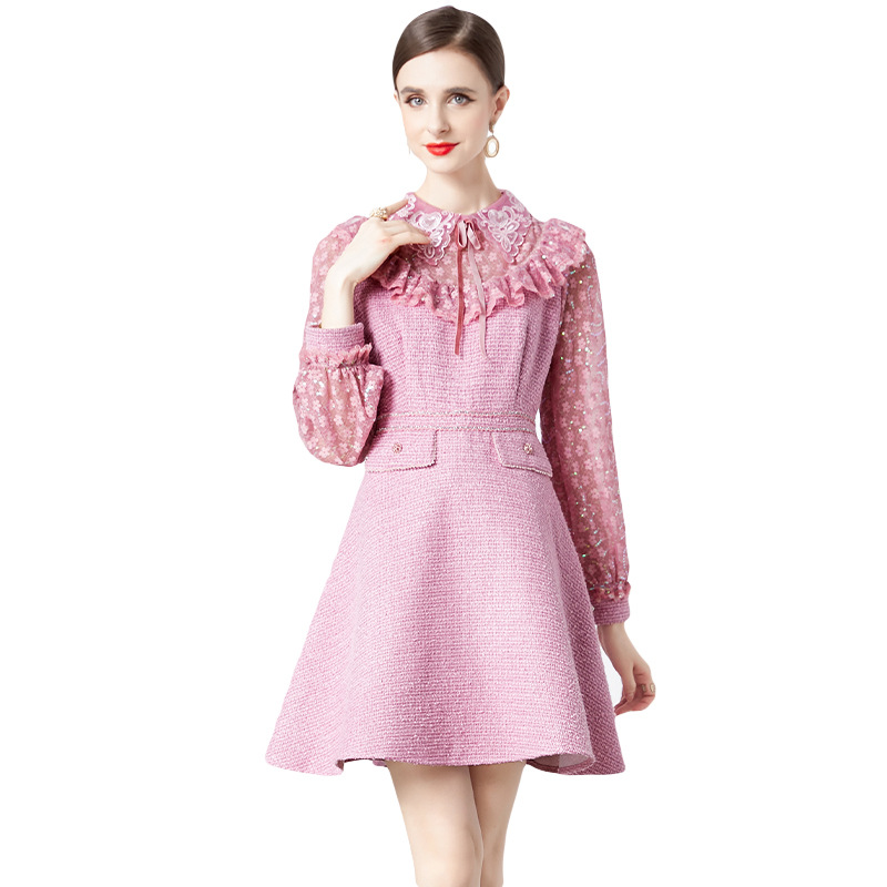 2024 Fashion Lady Flower Sequined Mesh Embroidery Ruffles Stitching Tweed Dress Women Long Sleeve Bow Collar Pink Mini Dresses 241011