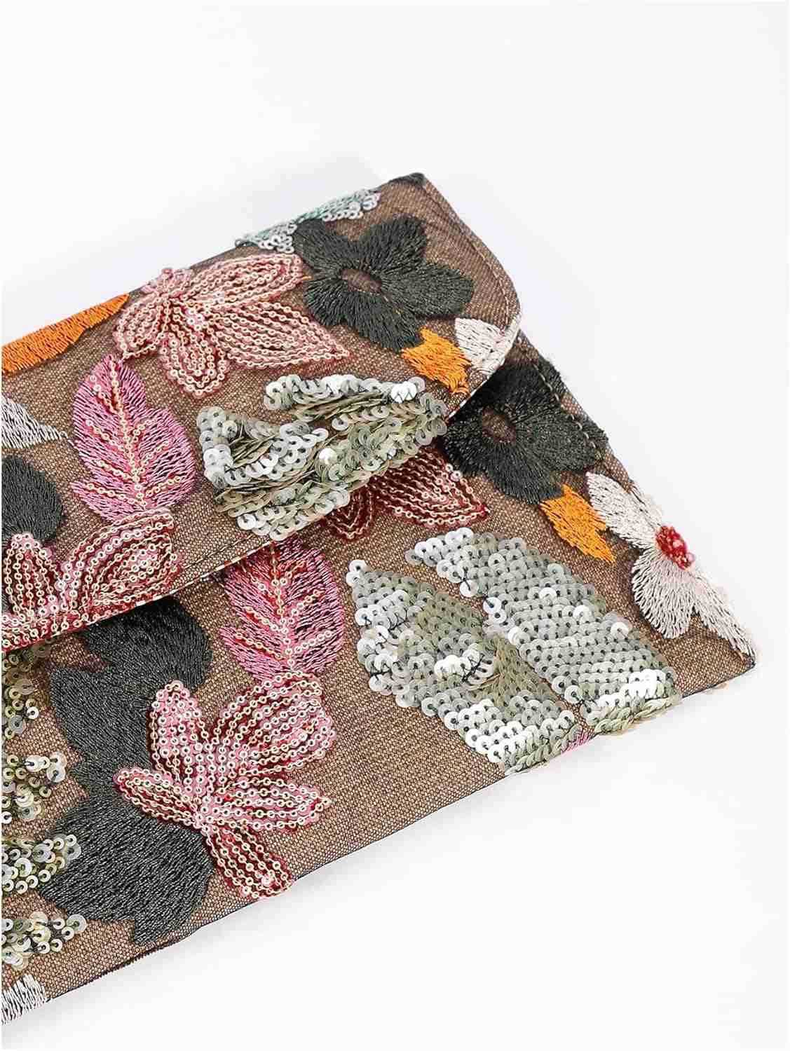 Womens Floral Embroidery Sequin Evening Beaded Clutch Bags Party Purses Z25909