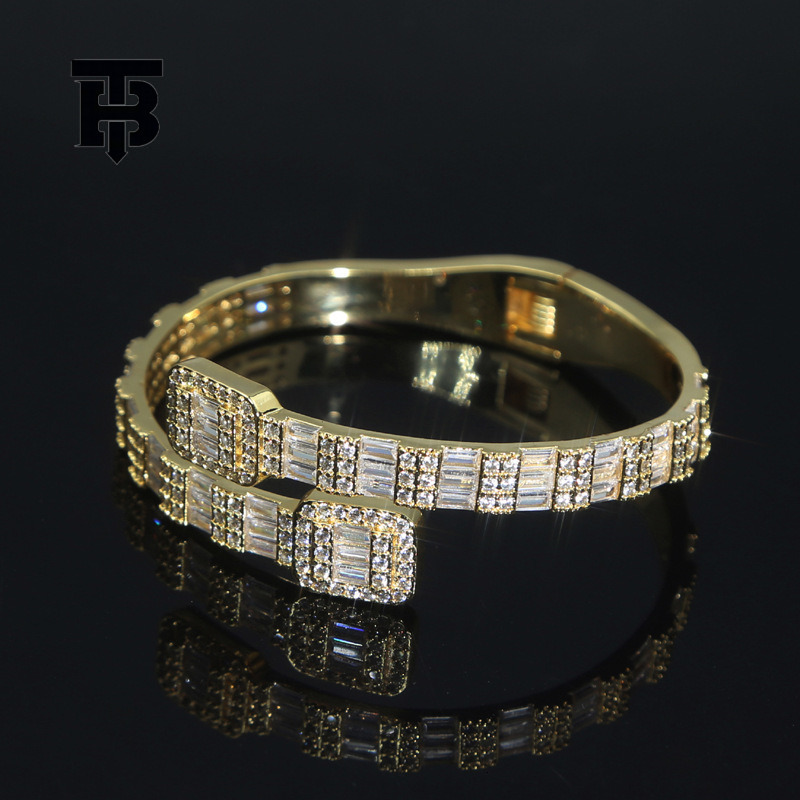 TB BHULAMTE Free Shipping New Designer New Hip Hop Bracelet Open Set Square Zircon Full Diamond Punk Style Bracelet Gold Silver