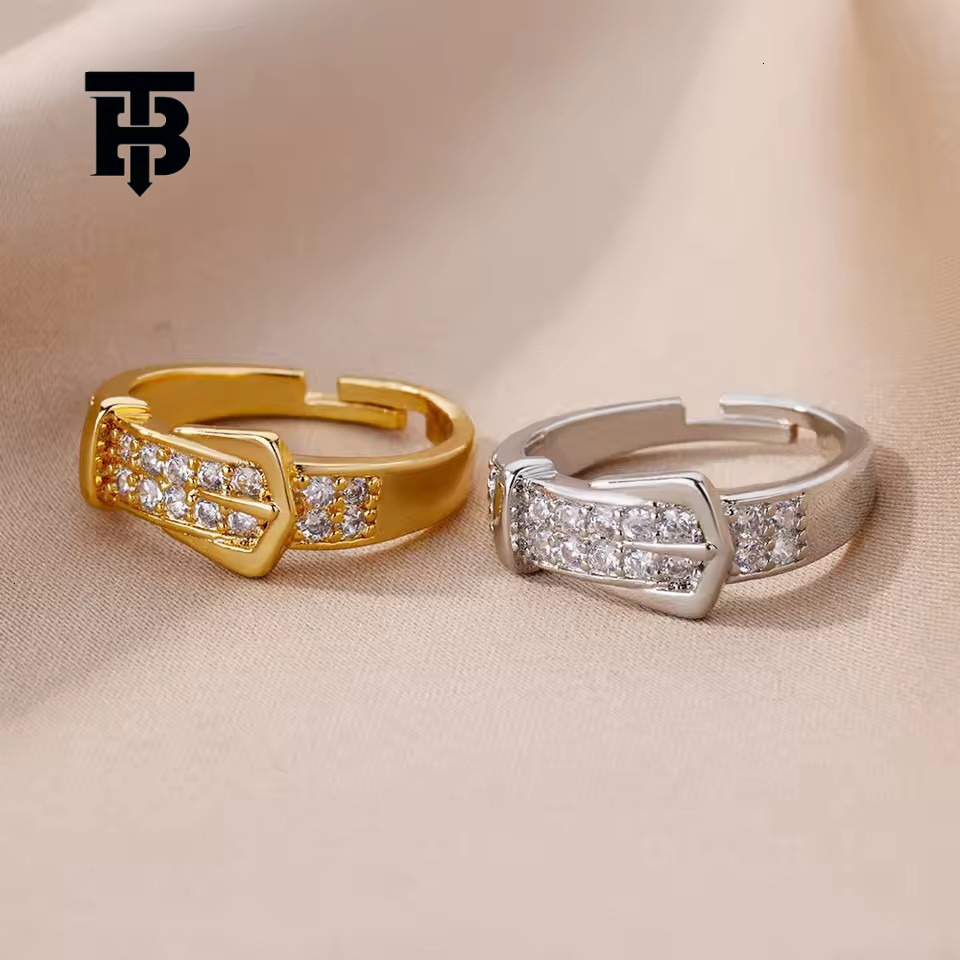 TB BHULAMTE Free Shipping New Designer Accessory Zircon Inlaid Belt Ring 18K Gold-plated Adjustable Open Women's Ring Jewelry