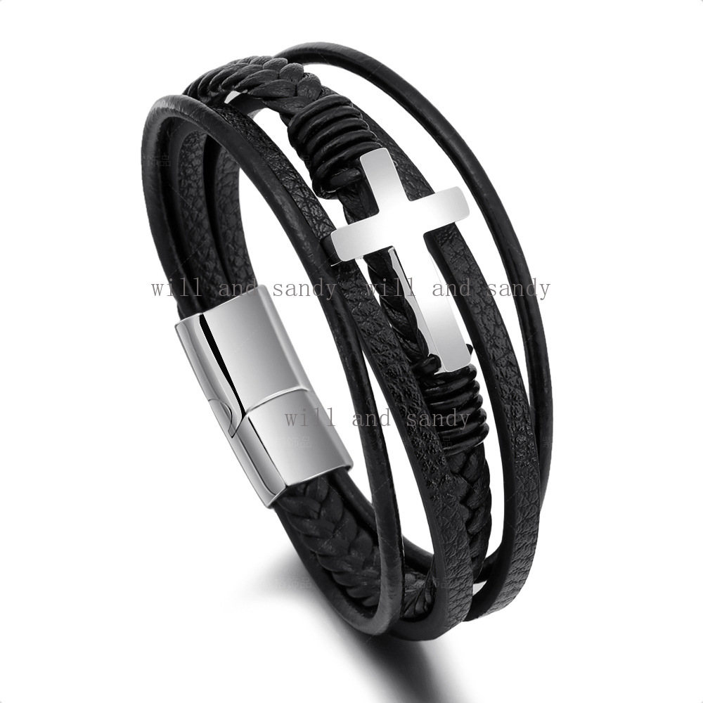 Braided Multilayer Stacking Wrap Genuine Leather Bracelet Bangle Cuff Wristband Designer Jewelry Gold Cross Bracelets for Man Non Tarnish Fashion Jewe