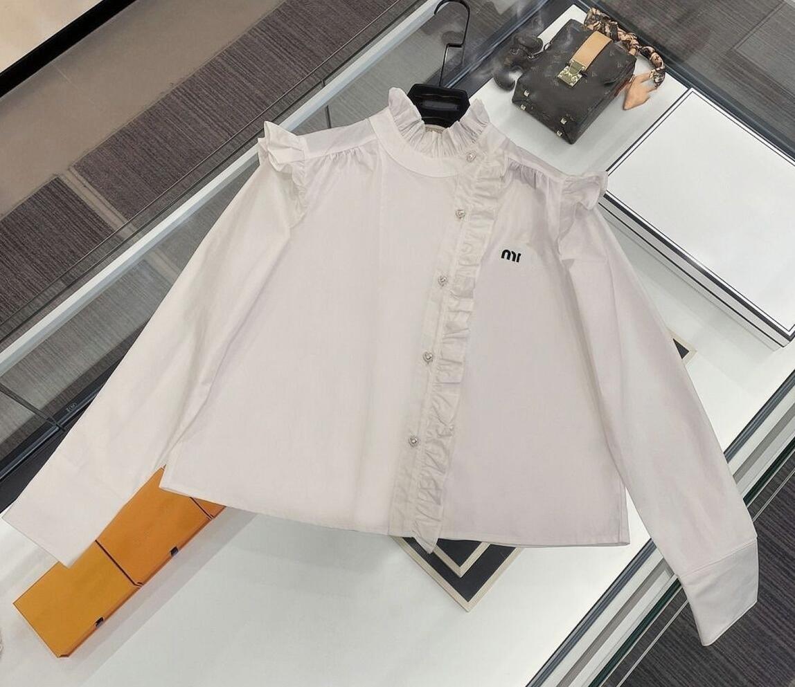 Women's logo letter print stand collar ruffles single breasted fashion designer blouse white shirts SMLXL