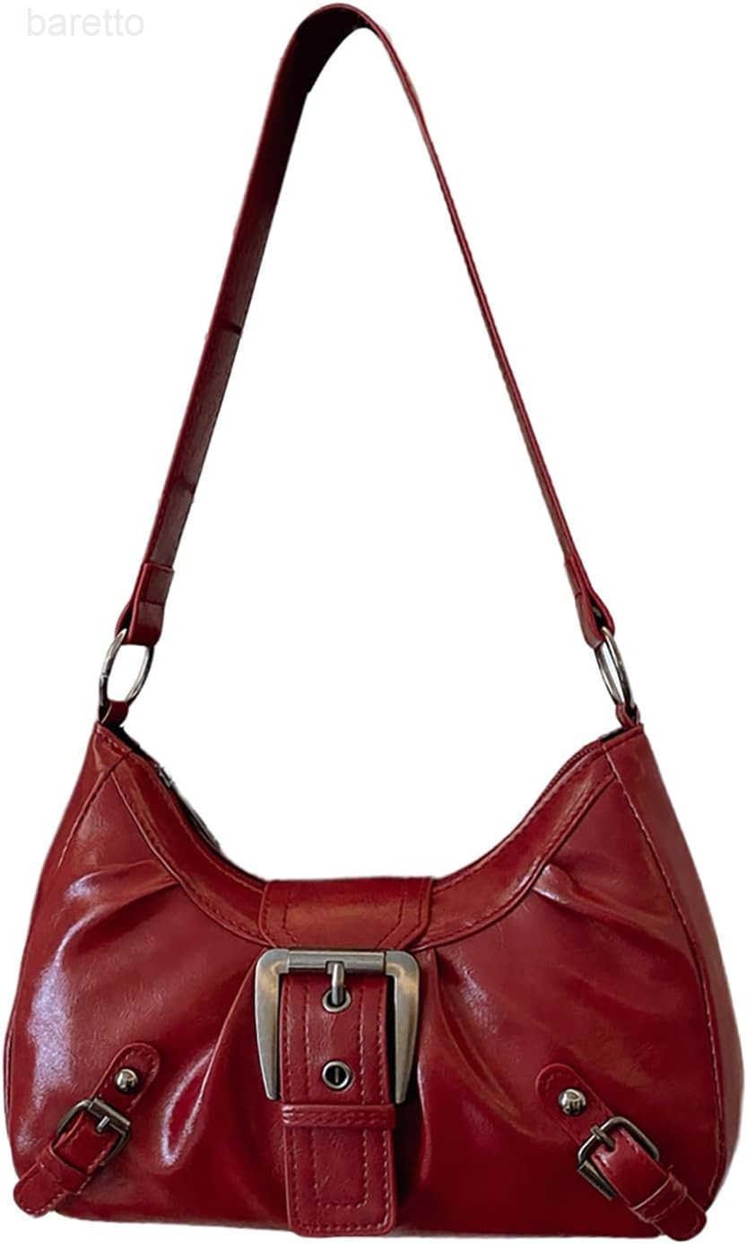 Womens PU Leather Ruched Shoulder Handbags Buckle Single Strap Punk Y2K Hobo Bags Z250909