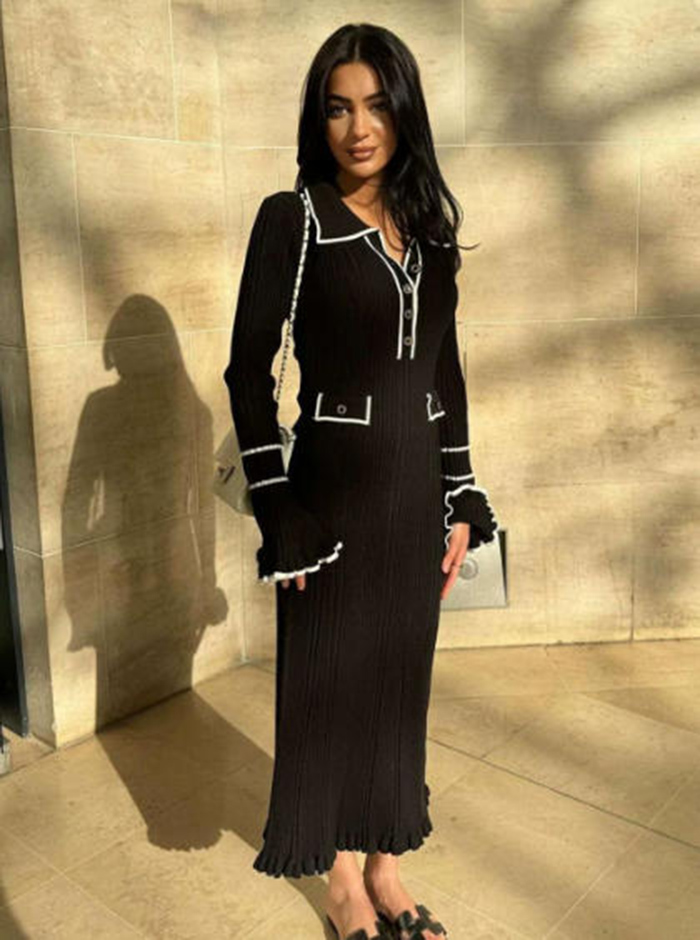 Casual Dresses French Fashion Womens Dresses Long Sleeve Knit Dress Women One-Piece Vintage Coquette slim fit knitted elegant dress long skirt