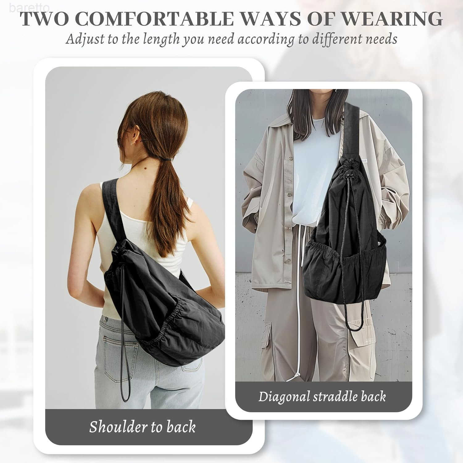 Shoulder Bag for Men Women Stylish Drawstring Backpack Lightweight Crossbody Sling Bag Minimalist Casual DaypackBlack Z250909