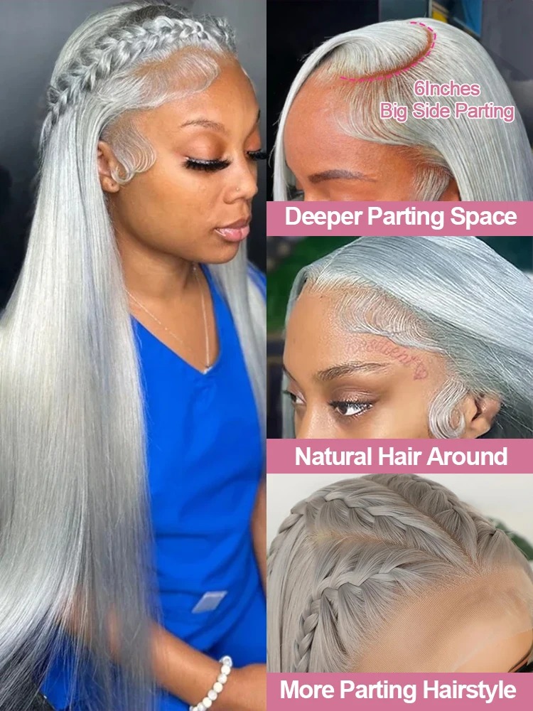 Silver Grey Straight Wigs Human Hair Vietnamese 220% Density 13x6 HD Lace Frontal Wig 360 Full Lace Wig Pre Plucked Hd 38 Pre Plucked with Baby Hair