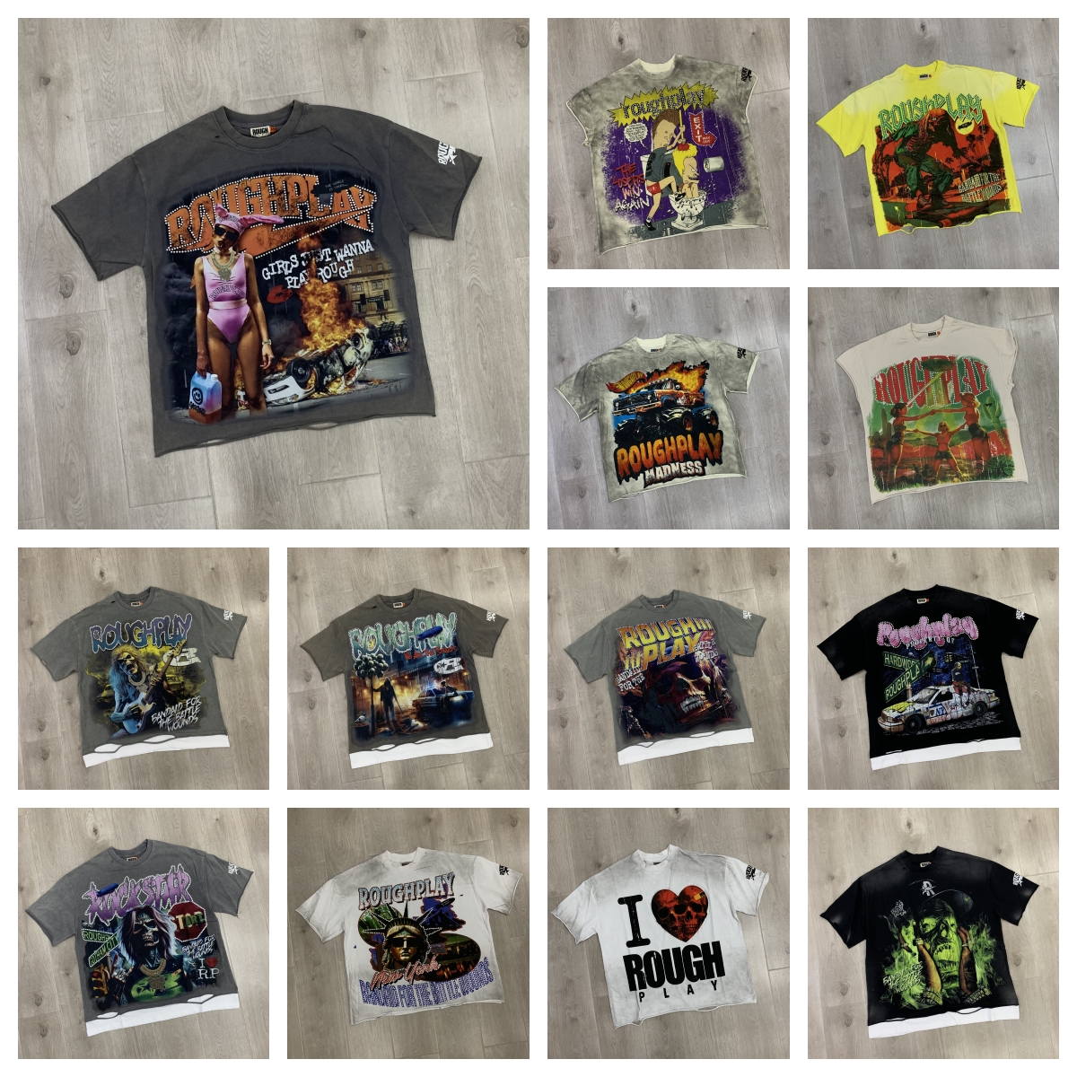 roughplay shirt designer men roughplay rockout shirt Fashion Washed Hole distressed Diamond patchwork short-sleeved T-shirt