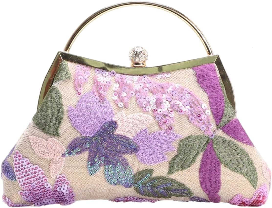 Womens Vintage Floral Sequin Evening Bag Top Handle Crossbody Handbags with Chain Strap Z25909